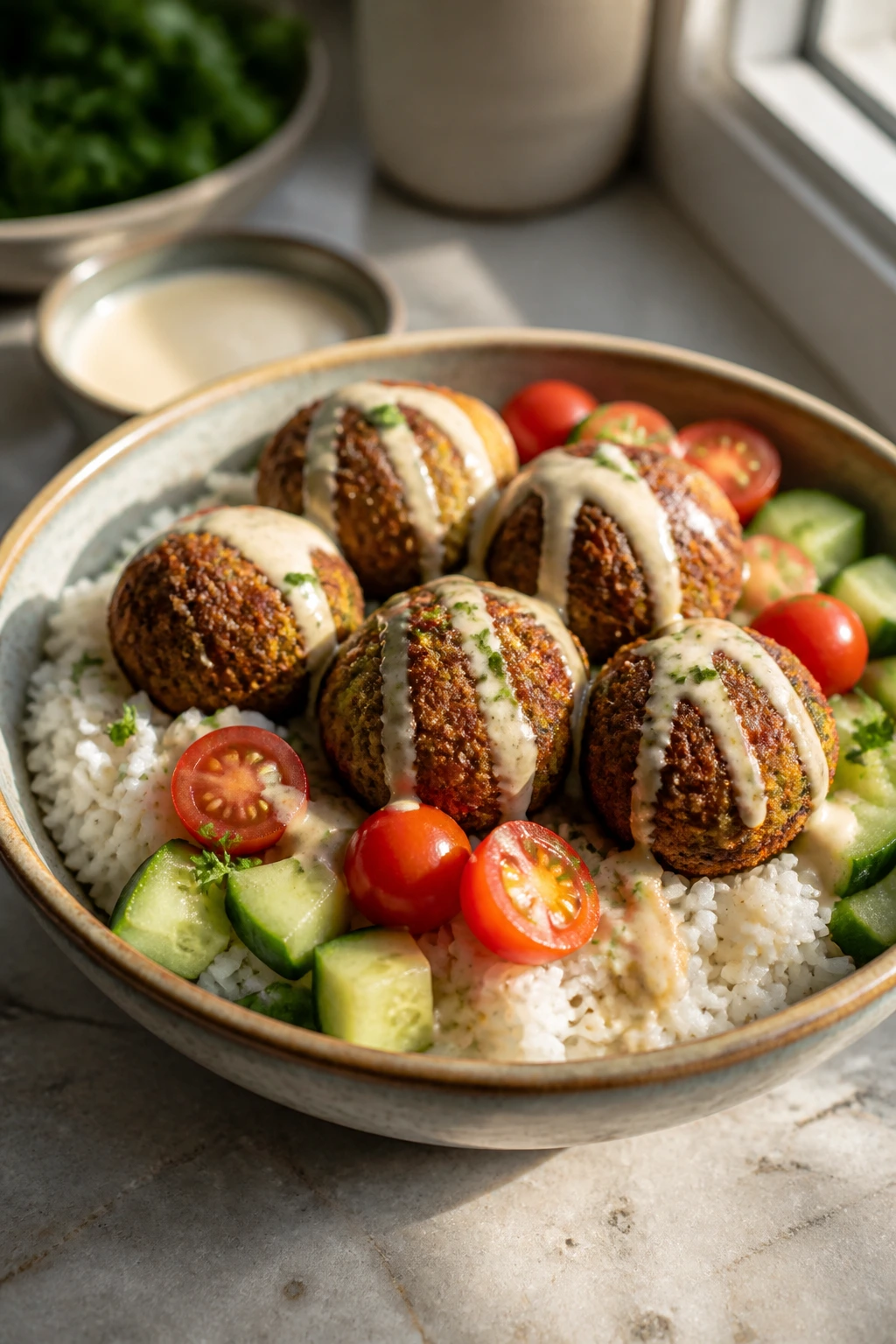 Close-up of crispy falafel balls on rice with cucumber and tomatoes in a bowl