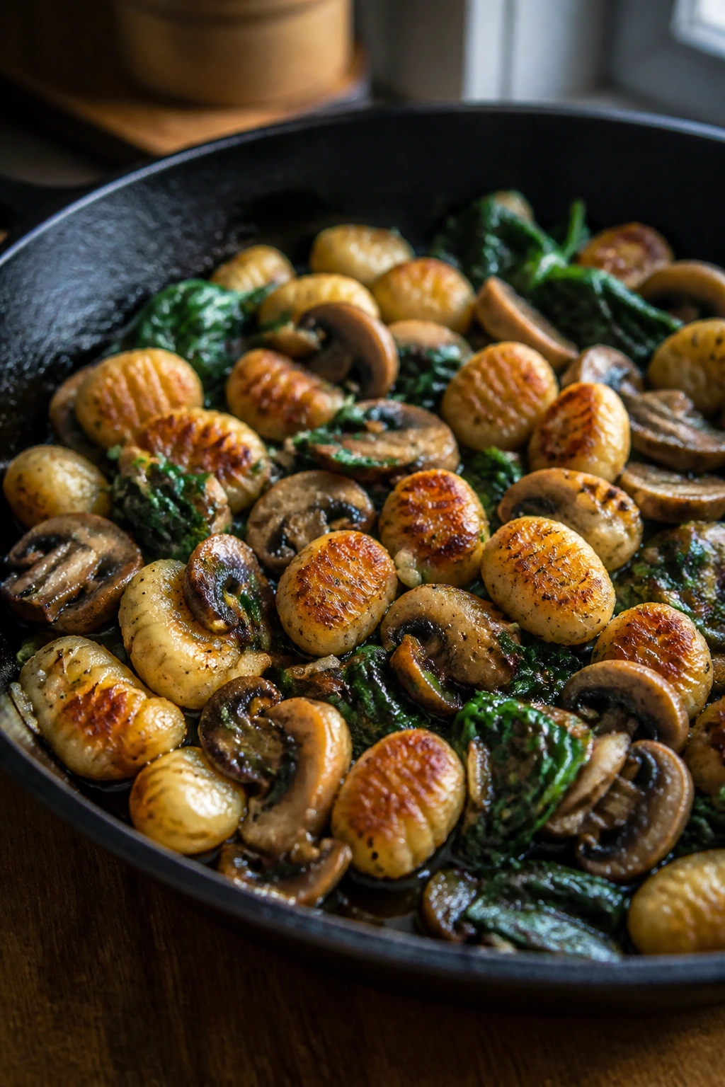 Skillet with crispy gnocchi, mushrooms, and spinach.