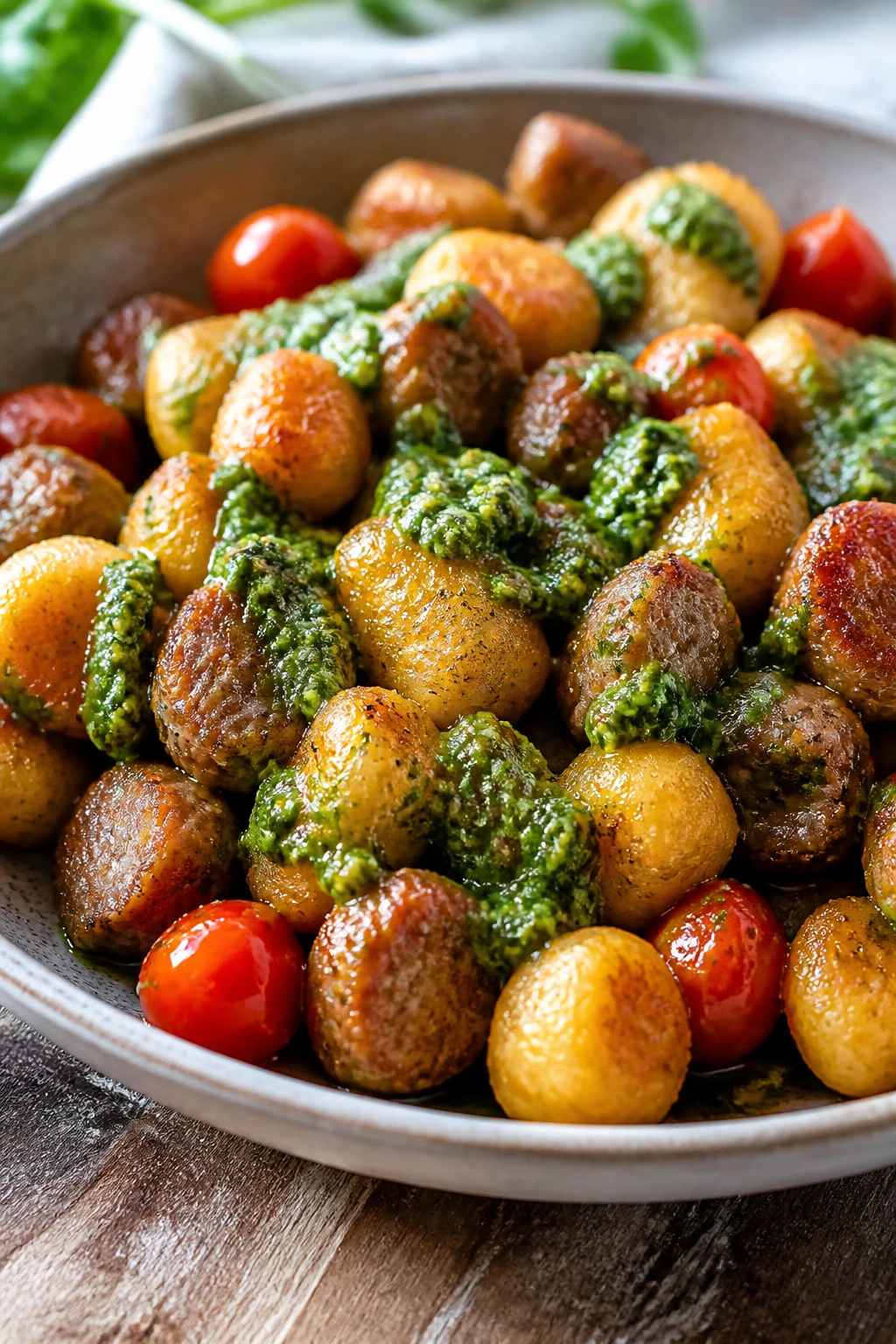 Crispy gnocchi with sausage and pesto on rustic plate