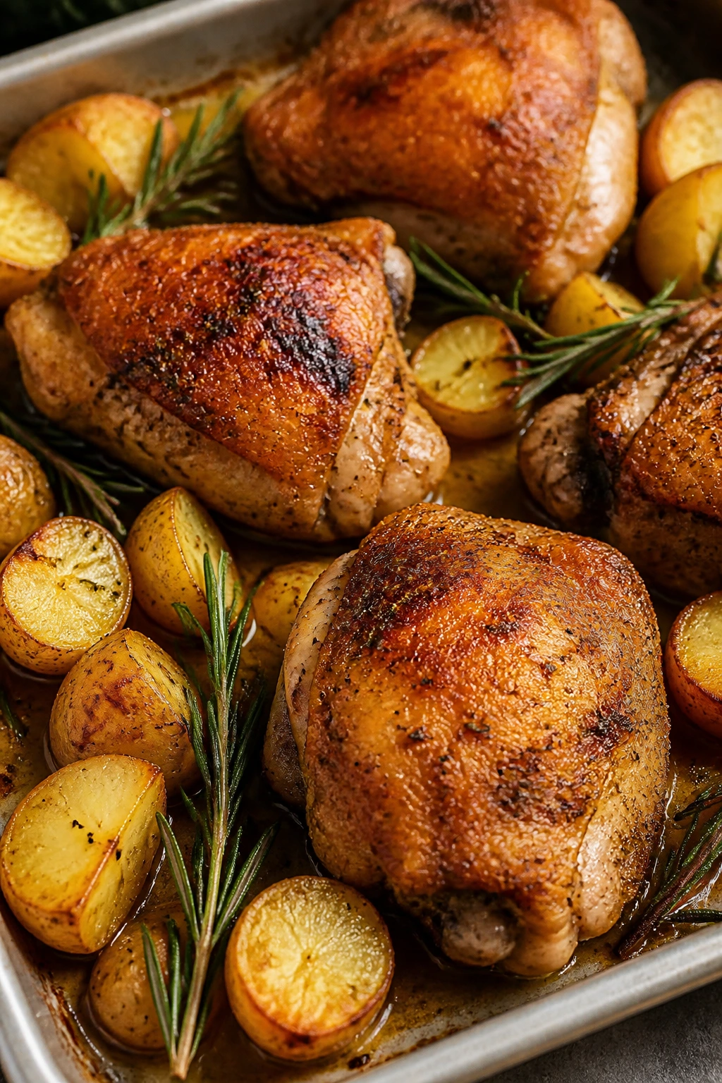 Close-up of crispy roast chicken thighs with potatoes on a sheet pan in a home kitchen.