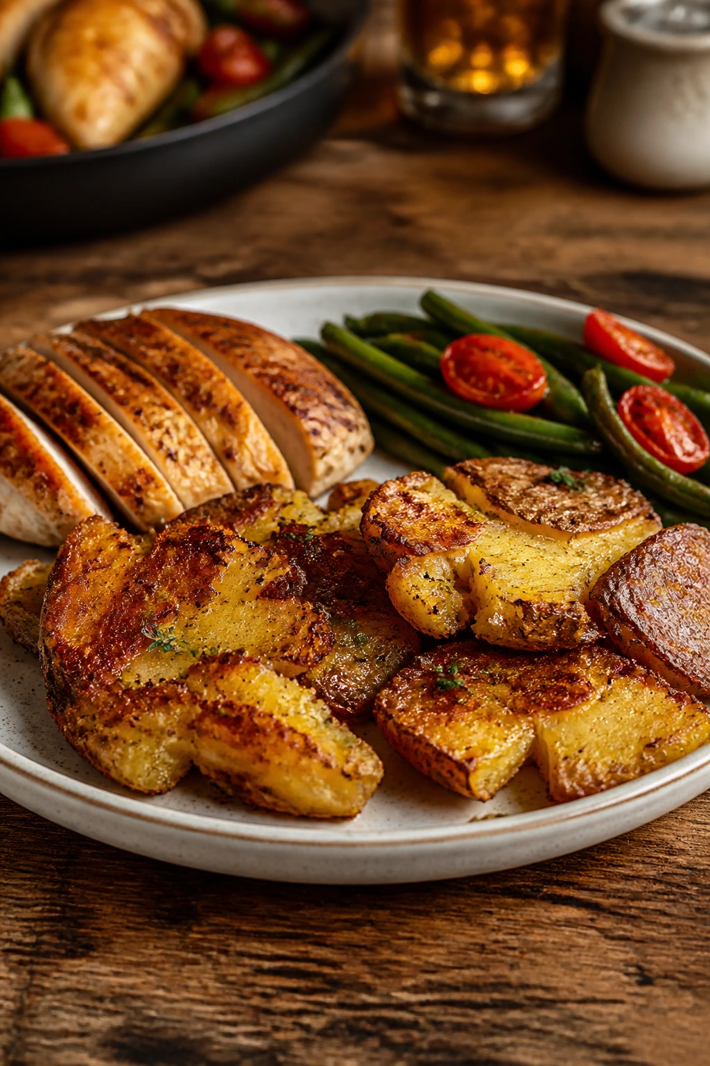 Close-up of crispy-edged smashed potatoes with protein and vegetables on a rustic plate