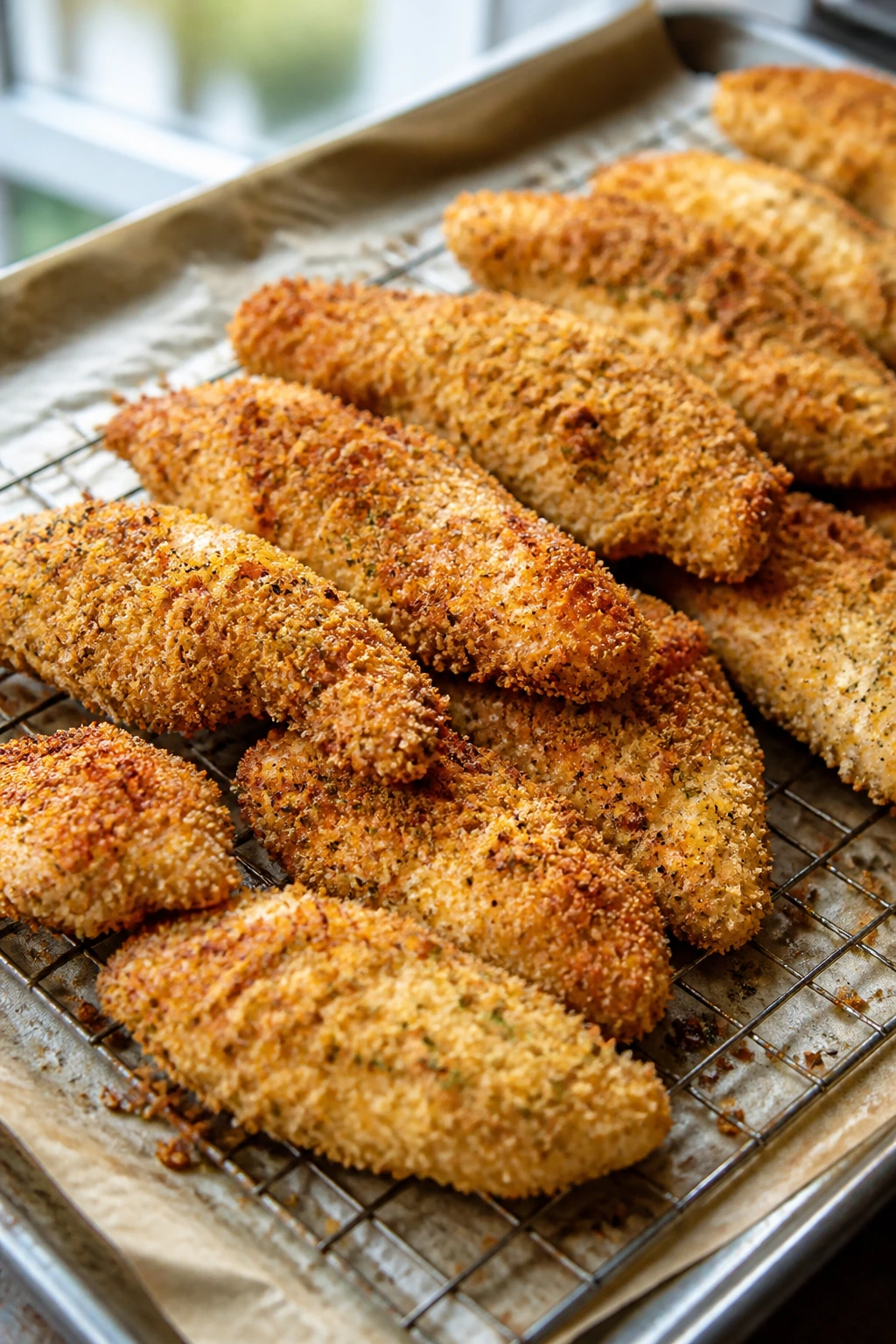 Golden crispy chicken tenders on a parchment-lined baking sheet in a bright kitchen