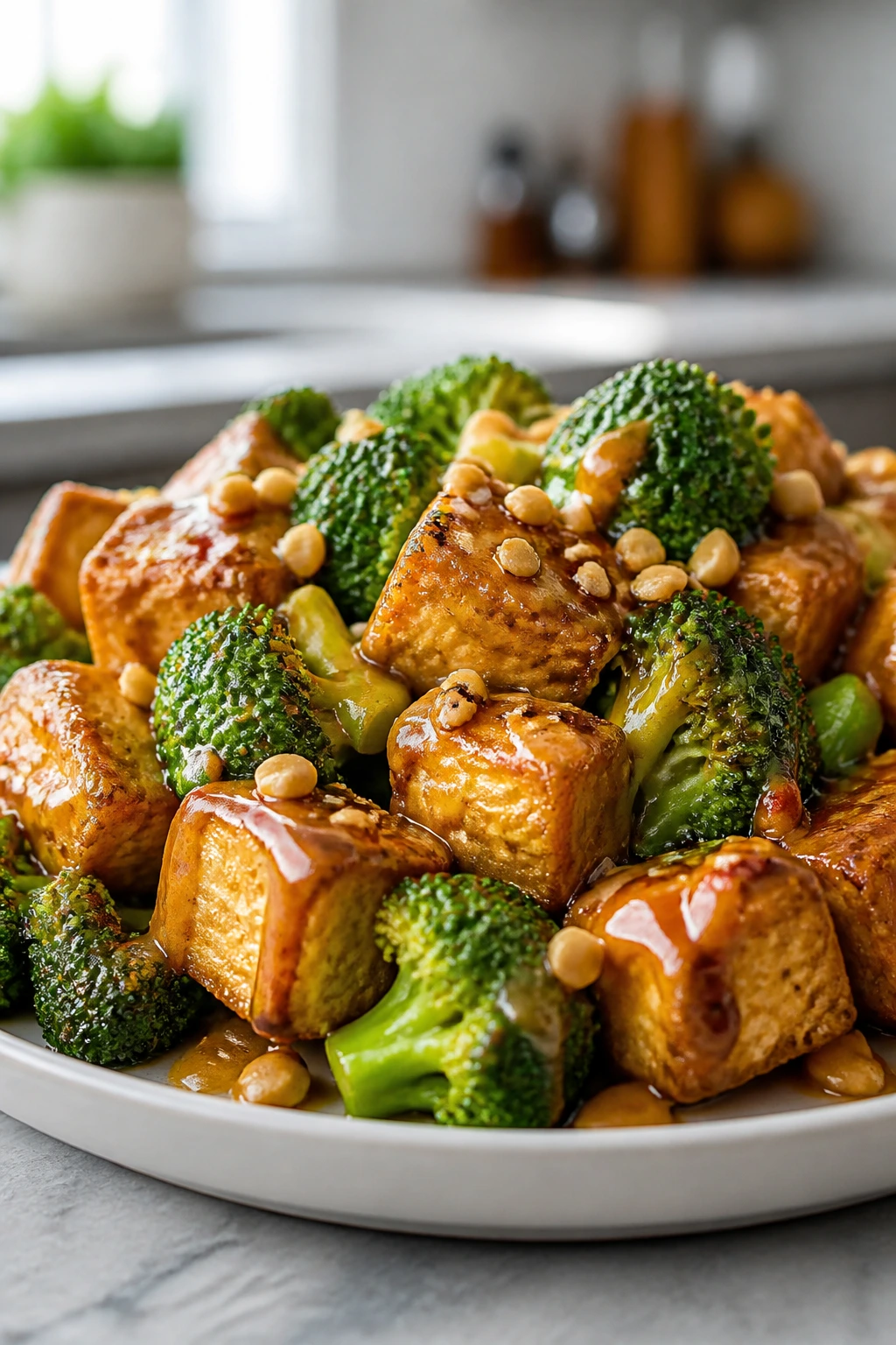 Crispy tofu and broccoli with peanut sauce on a plate