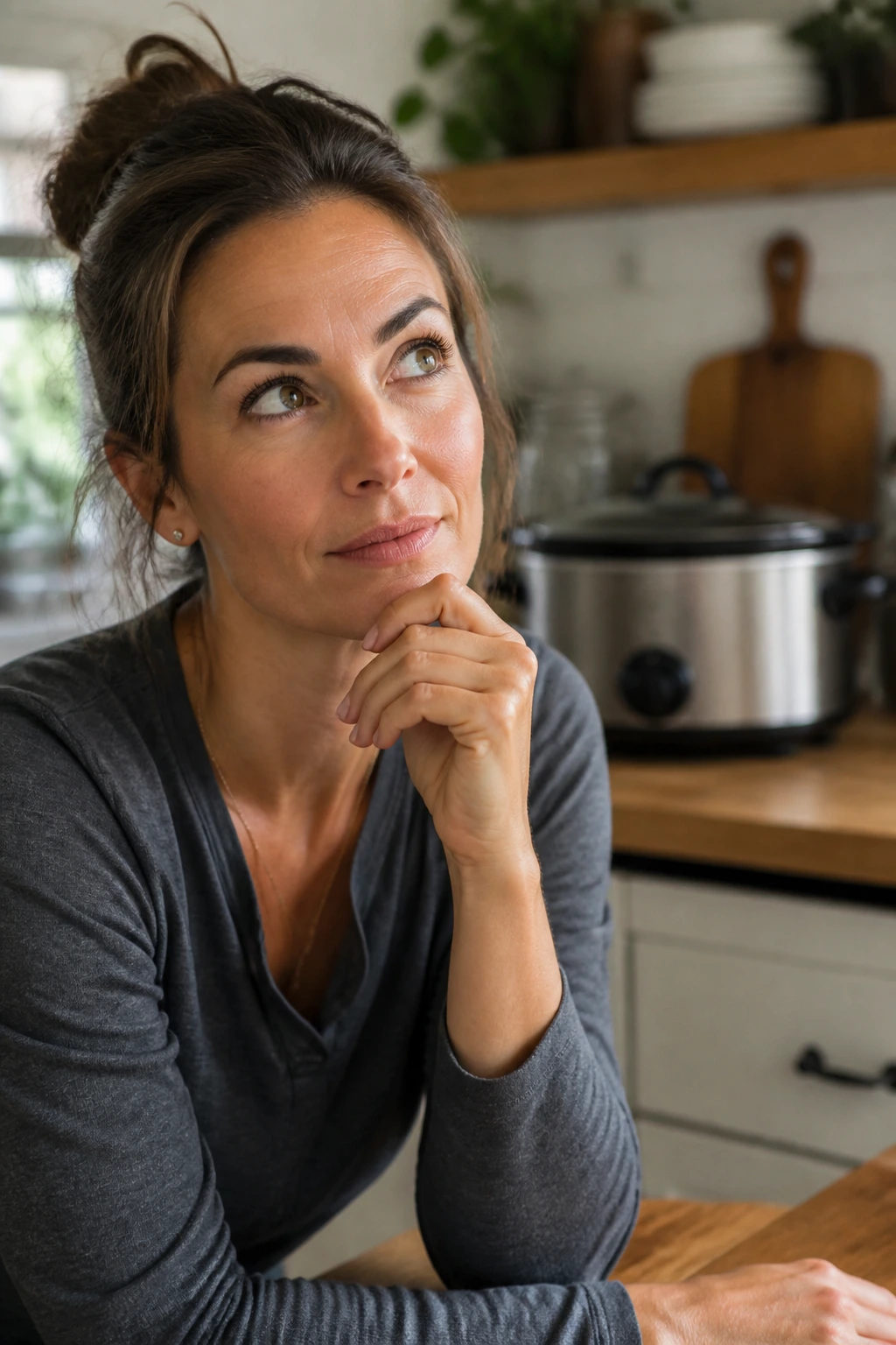 Close-up portrait of a thoughtful adult in a warm kitchen with a slow cooker in the background, depicting crockpot FAQ concept