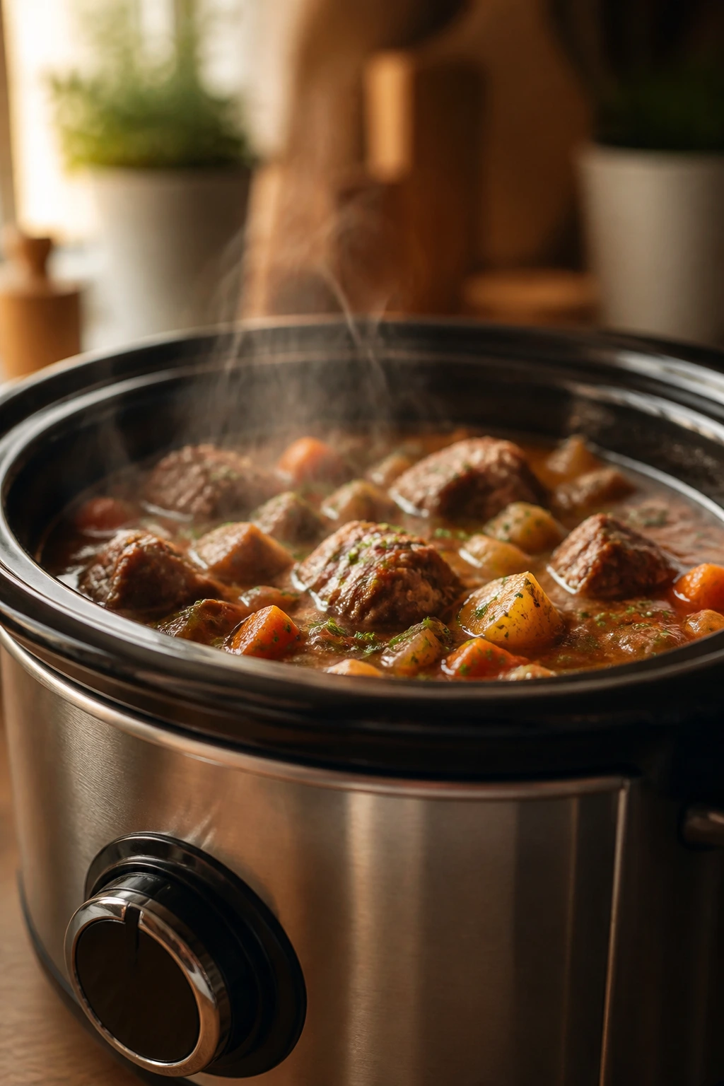 Close-up of a slow cooker in a cozy kitchen showing crockpot dinner concept
