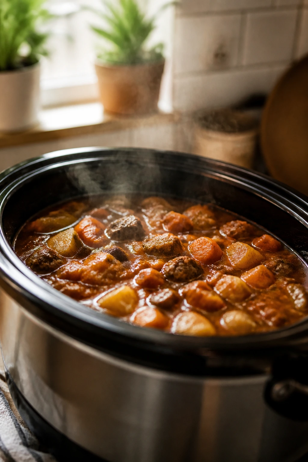 Close-up of a bubbling crockpot dish steaming in a warm kitchen.
