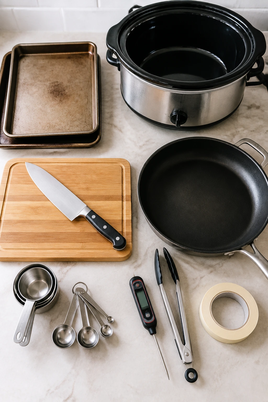 Top-down arrangement of essential crockpot cooking equipment