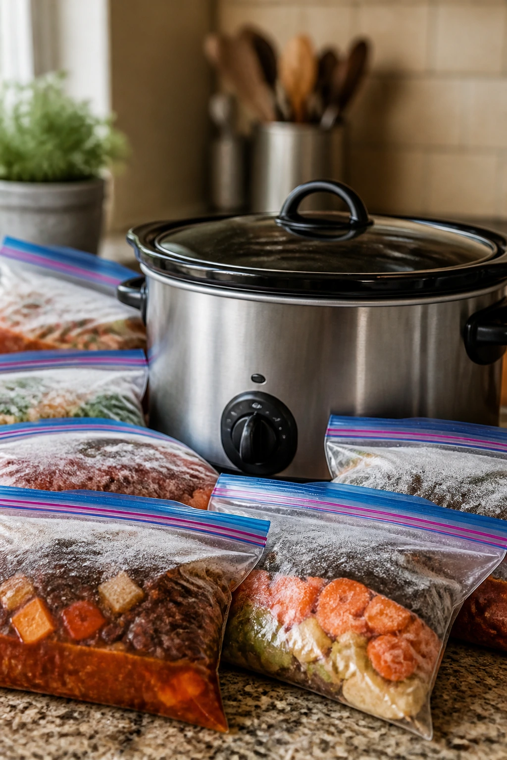 Crockpot with freezer bags around on kitchen counter