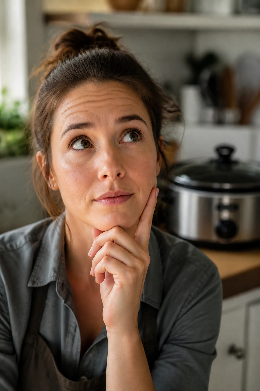 Portrait of a person with a thoughtful expression in a kitchen with a crockpot in the background.
