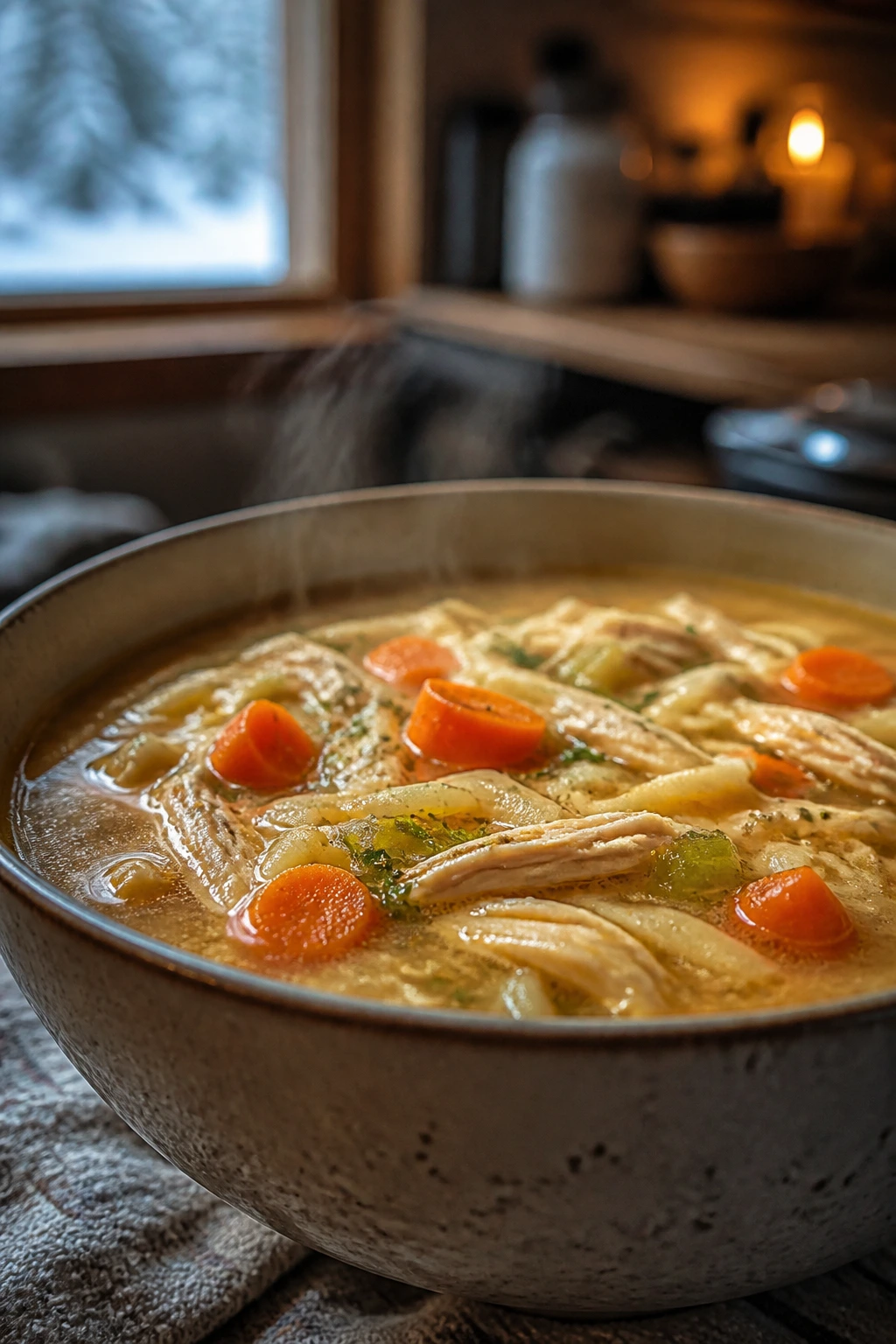 Close-up of crockpot soup in a bowl with vegetables
