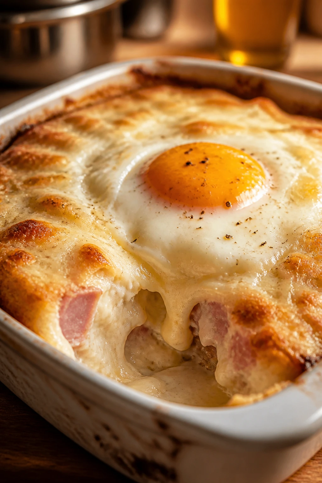 Close-up of croque madame casserole with egg on top