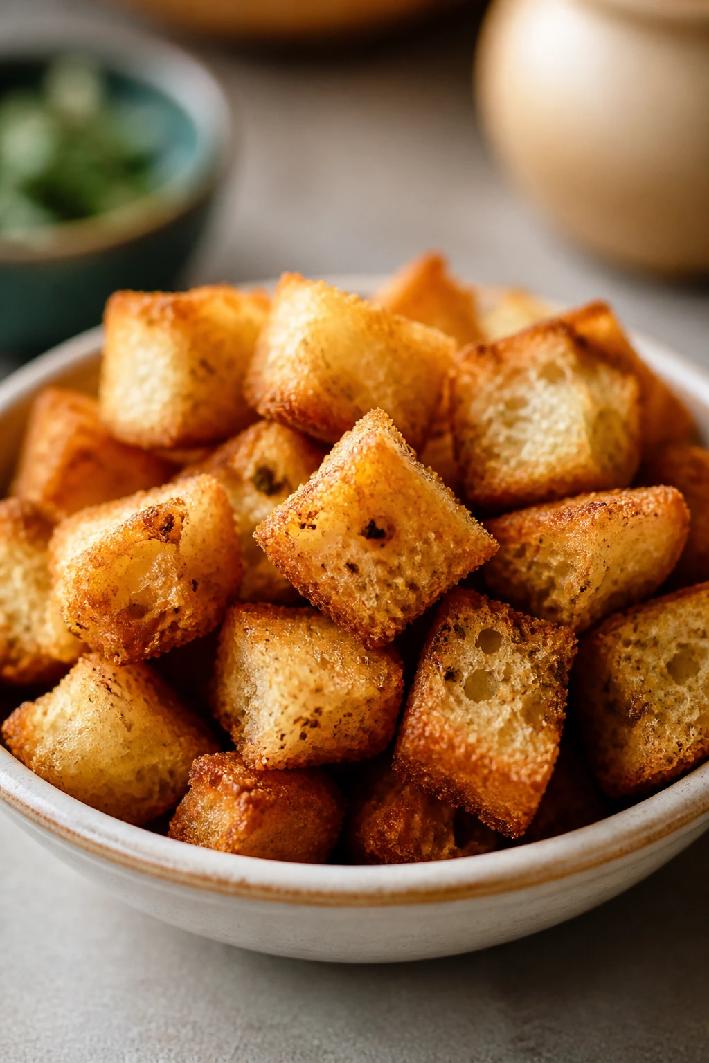 Golden croutons in a small dish for soup topping