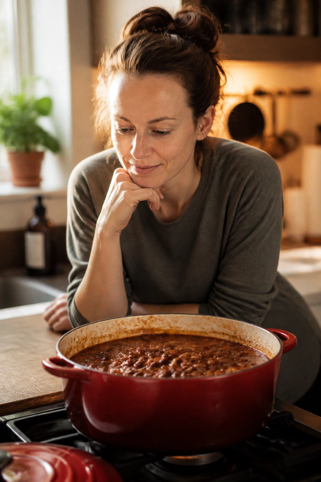 Real person pondering crowd chili in a cozy kitchen