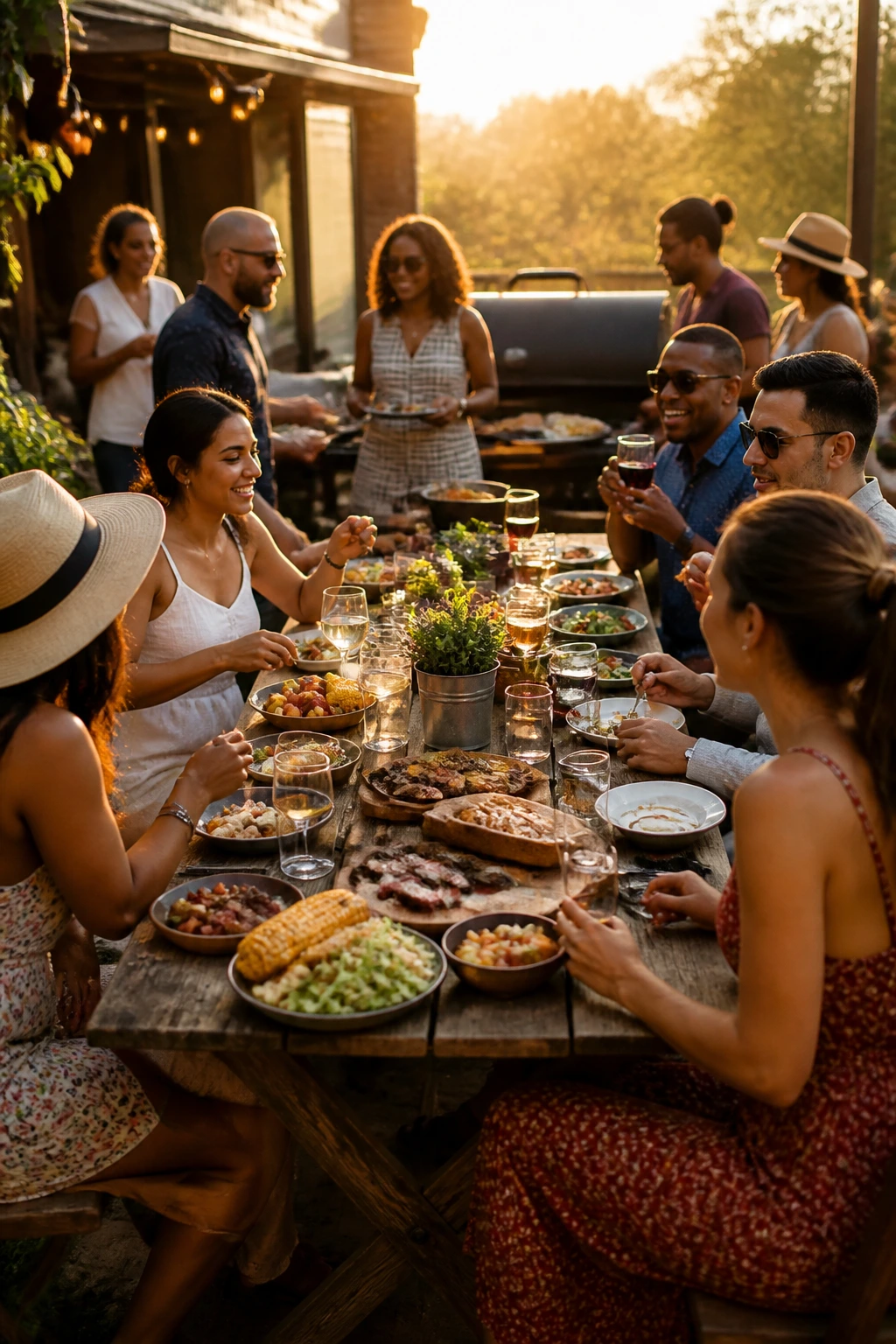 Outdoor crowd around a long table at Memorial Day dinner