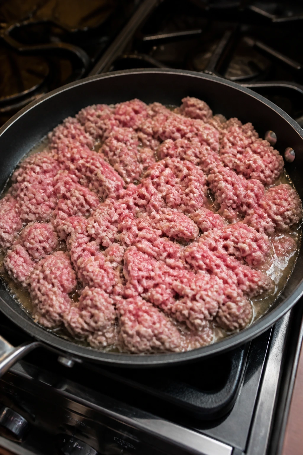 Crowded pan with ground beef showing poor browning as a common mistake
