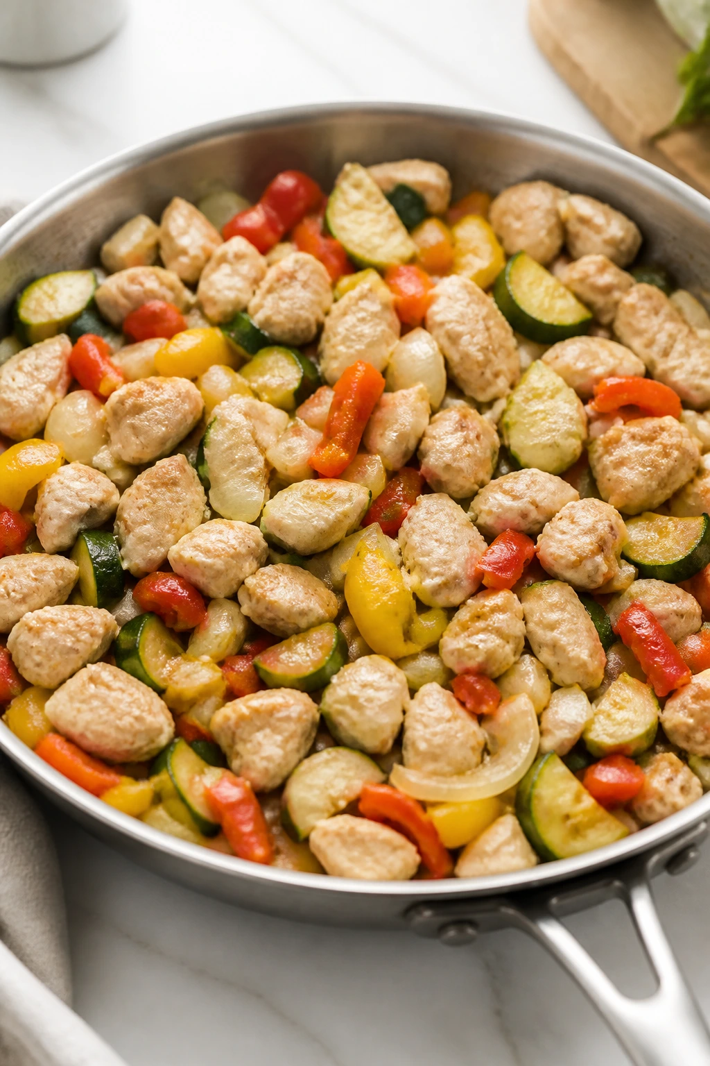 Crowded skillet with vegetables and meat filling the pan