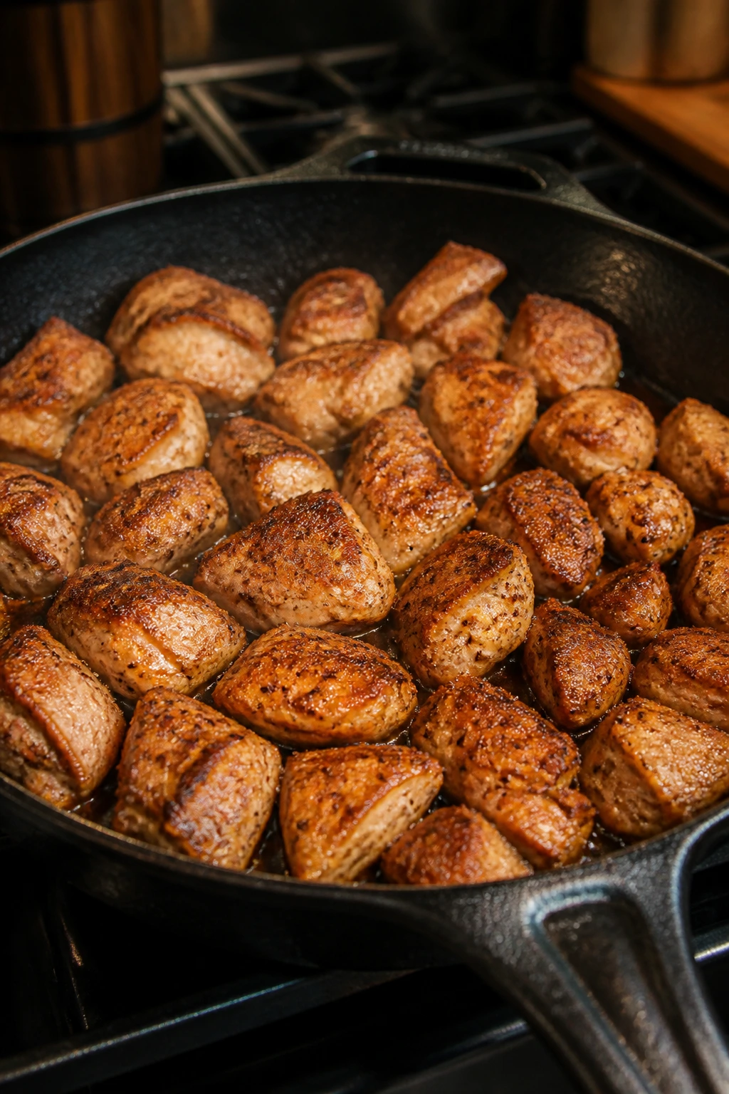 Close-up of a crowded skillet with meat filling the pan