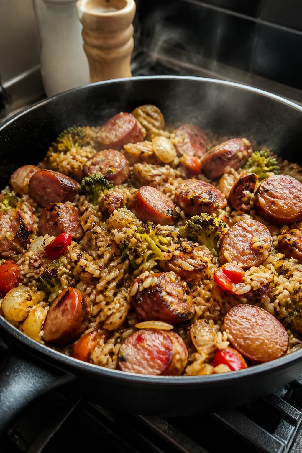 Close-up of a crowded skillet illustrating common mistakes in fast dinners