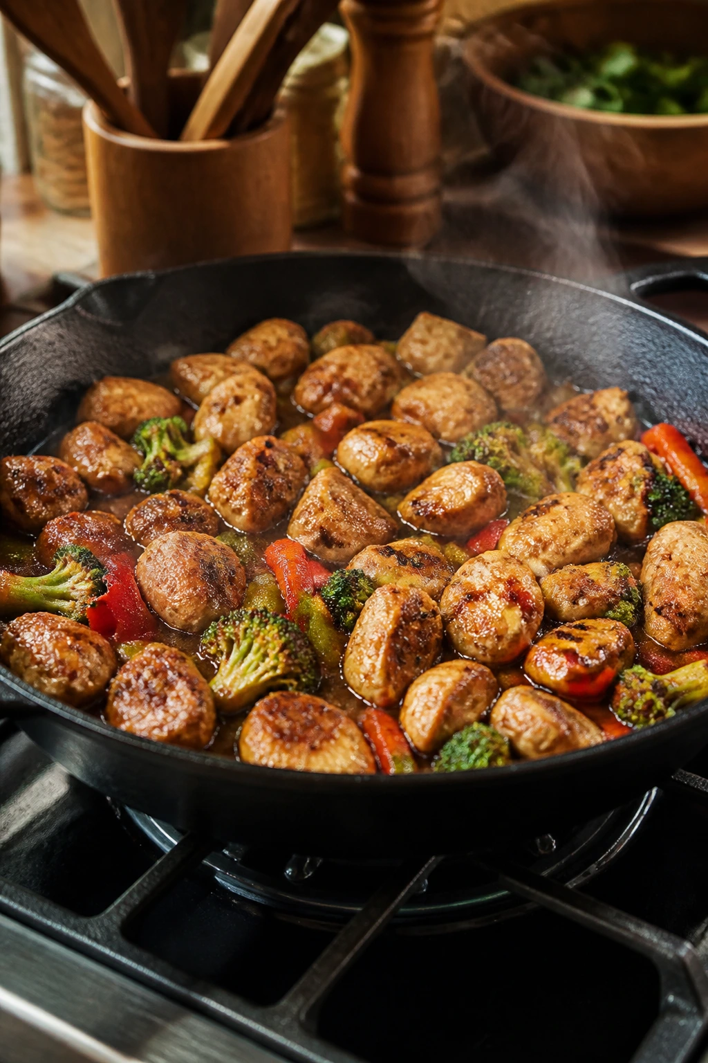 Close-up of a crowded skillet with teriyaki chicken, illustrating a common cooking mistake