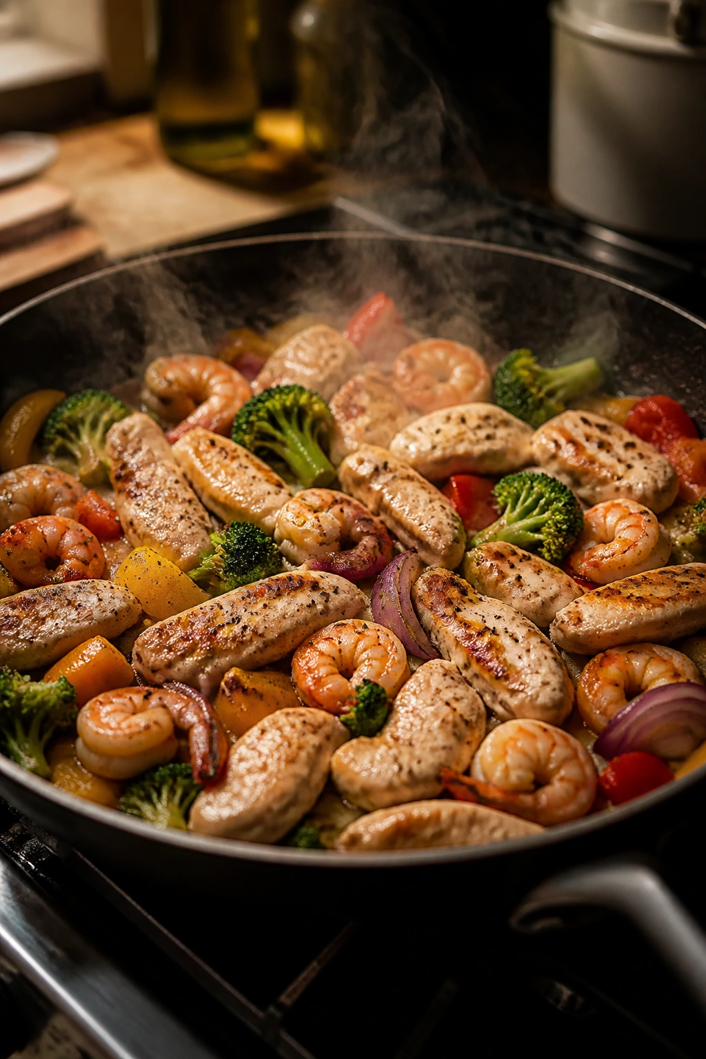 Close-up of a crowded skillet illustrating common weeknight cooking mistakes