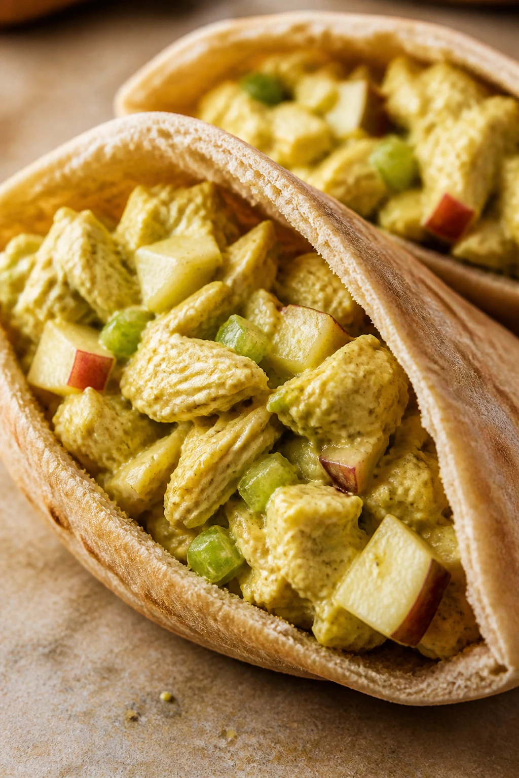 Close-up of curried chicken salad in a pita pocket with celery and apple pieces
