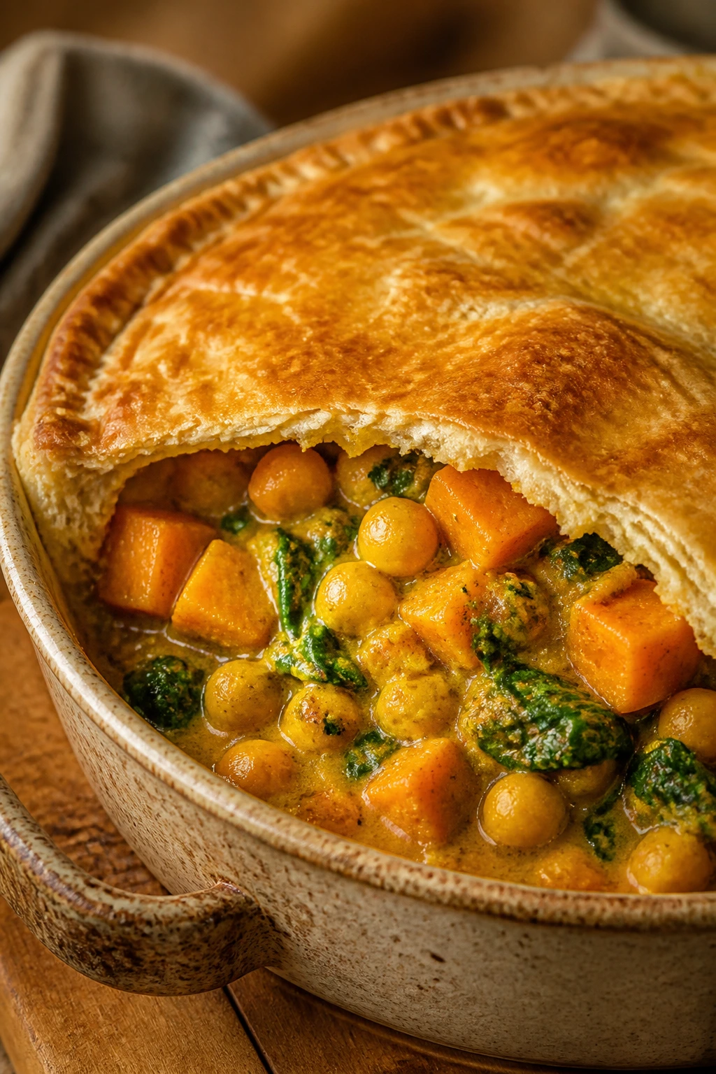 Close-up of a curried chickpea and sweet potato pot pie with golden crust.
