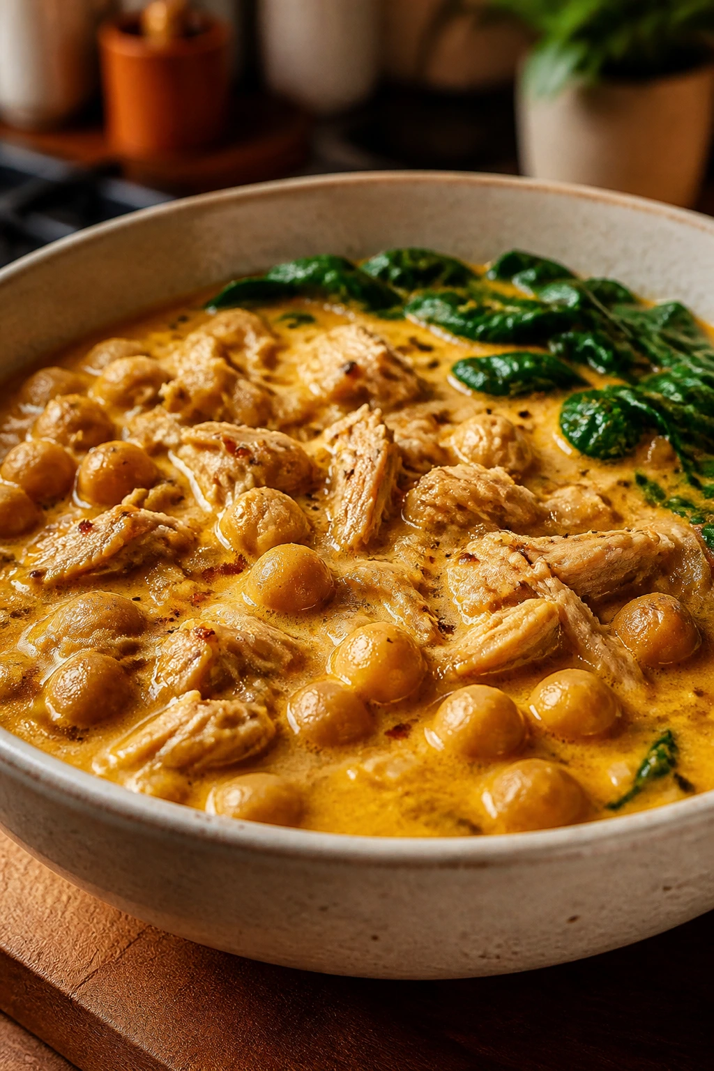 Bowl of curried tuna chickpea stew with visible chickpeas and tuna