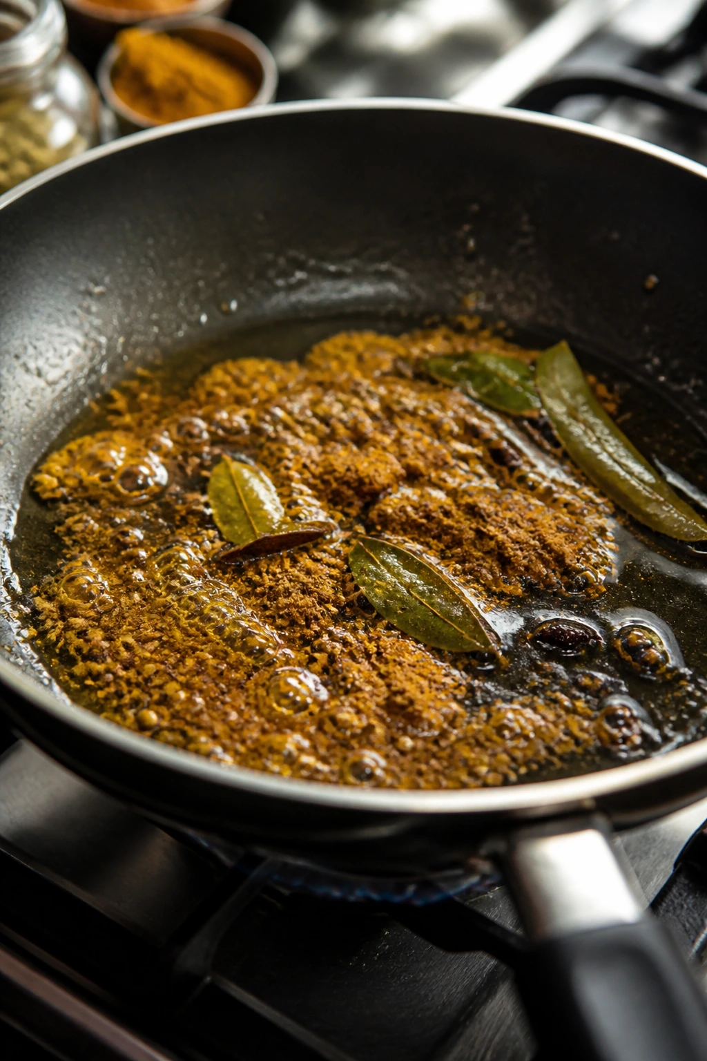 Close-up of a skillet with blooming spices in oil forming a rich curry base