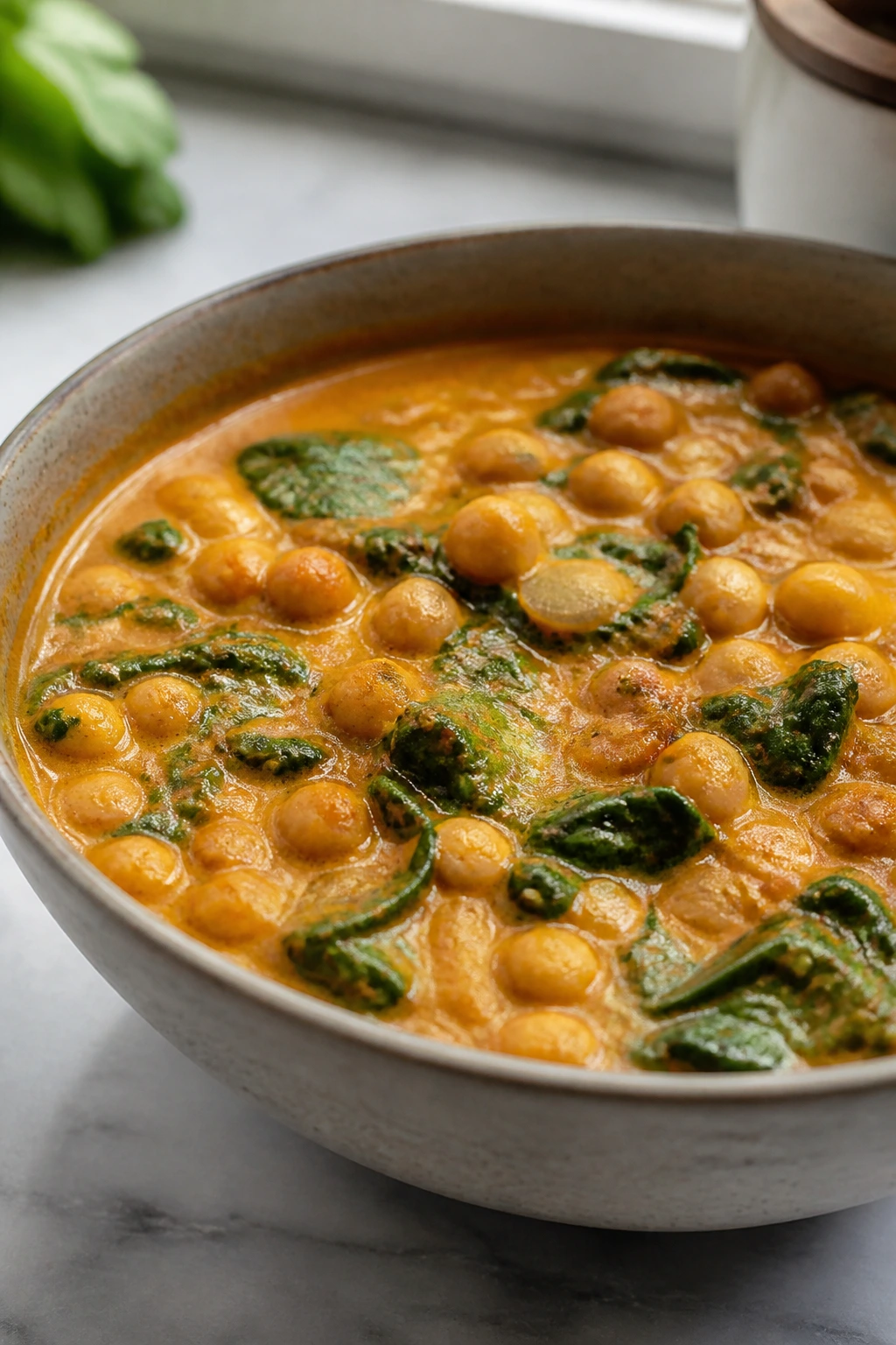 Close-up of chickpea and spinach coconut curry in a bowl