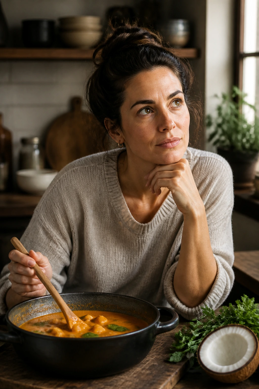 Close-up portrait of a real person in a kitchen, conveying curiosity for coconut curry FAQs