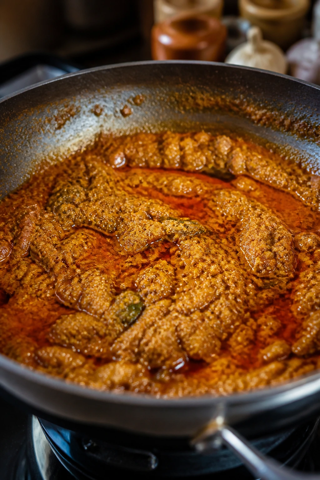 Curry paste blooming in oil in a pot signaling flavor boosters