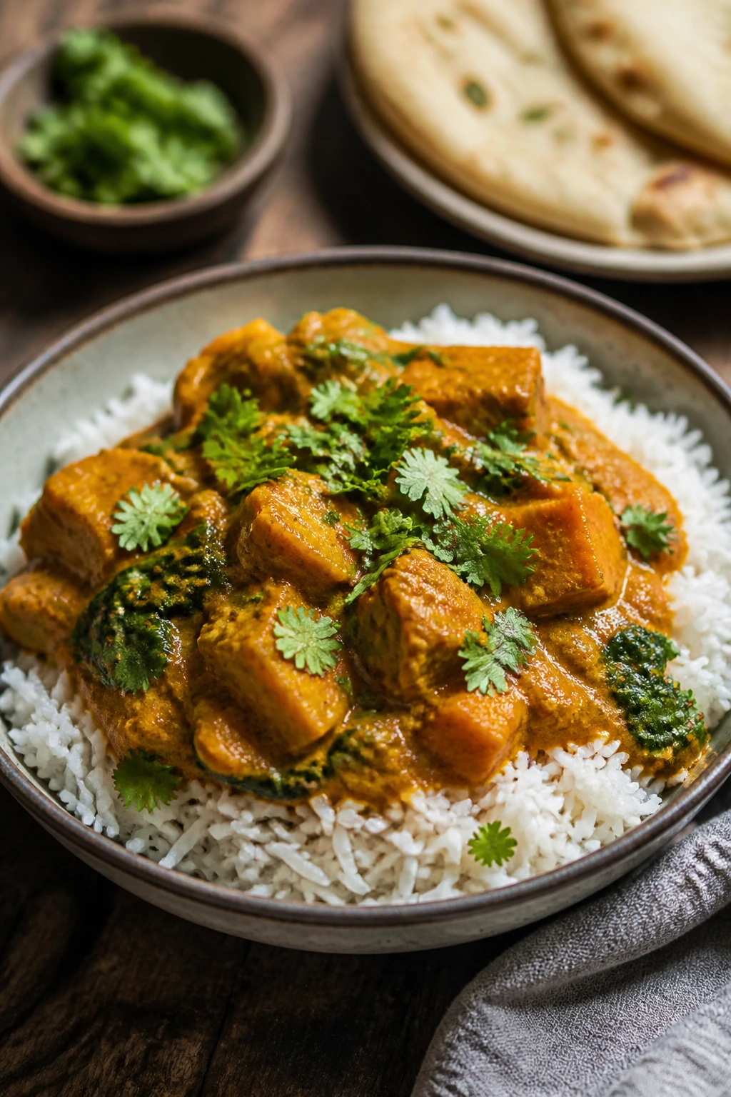 Bowl of curry over rice with cilantro garnish on a wooden table