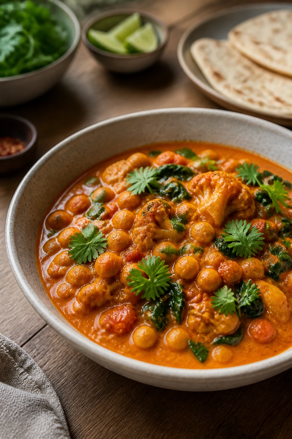 Wide shallow bowl of curry ready to serve