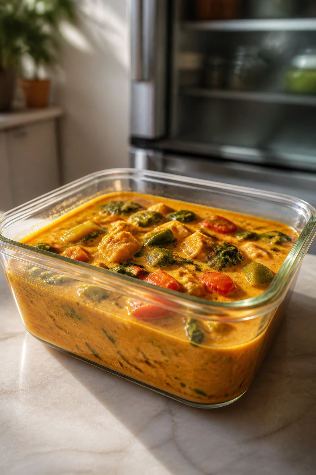 Glass container of coconut curry for make-ahead storage on counter
