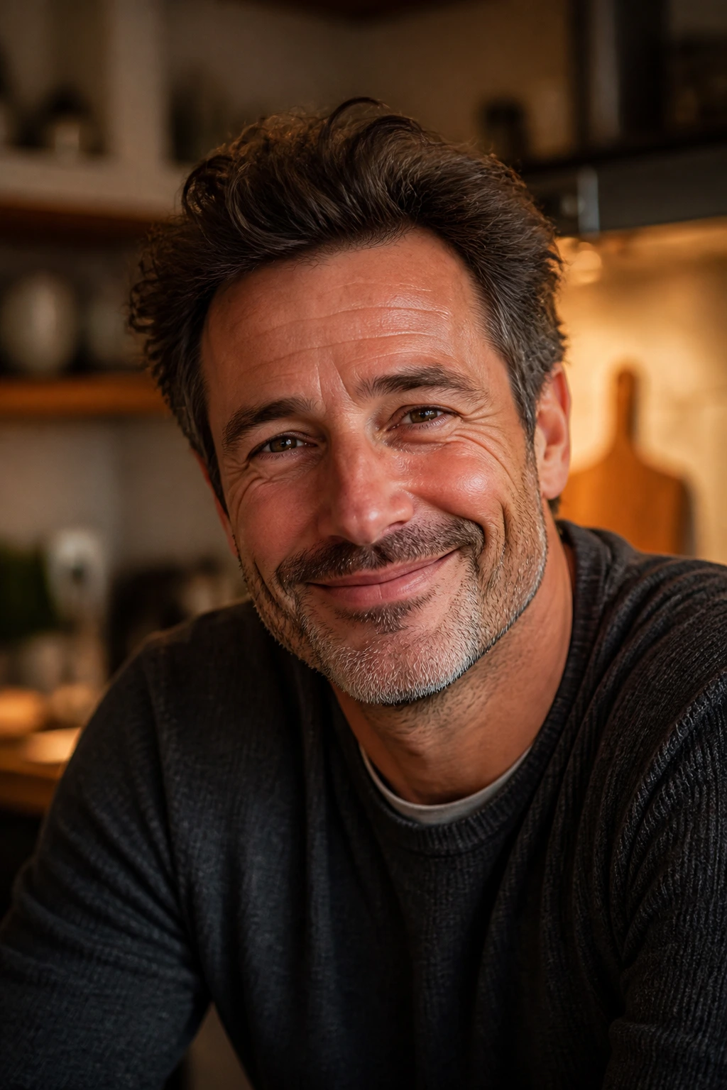 Warm portrait of a dad in a cozy kitchen recalling classic dinners