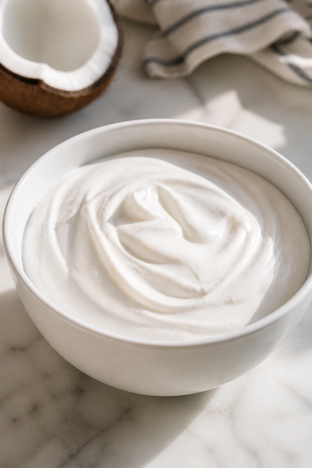 Dairy-free coconut cream in a bowl on a kitchen counter