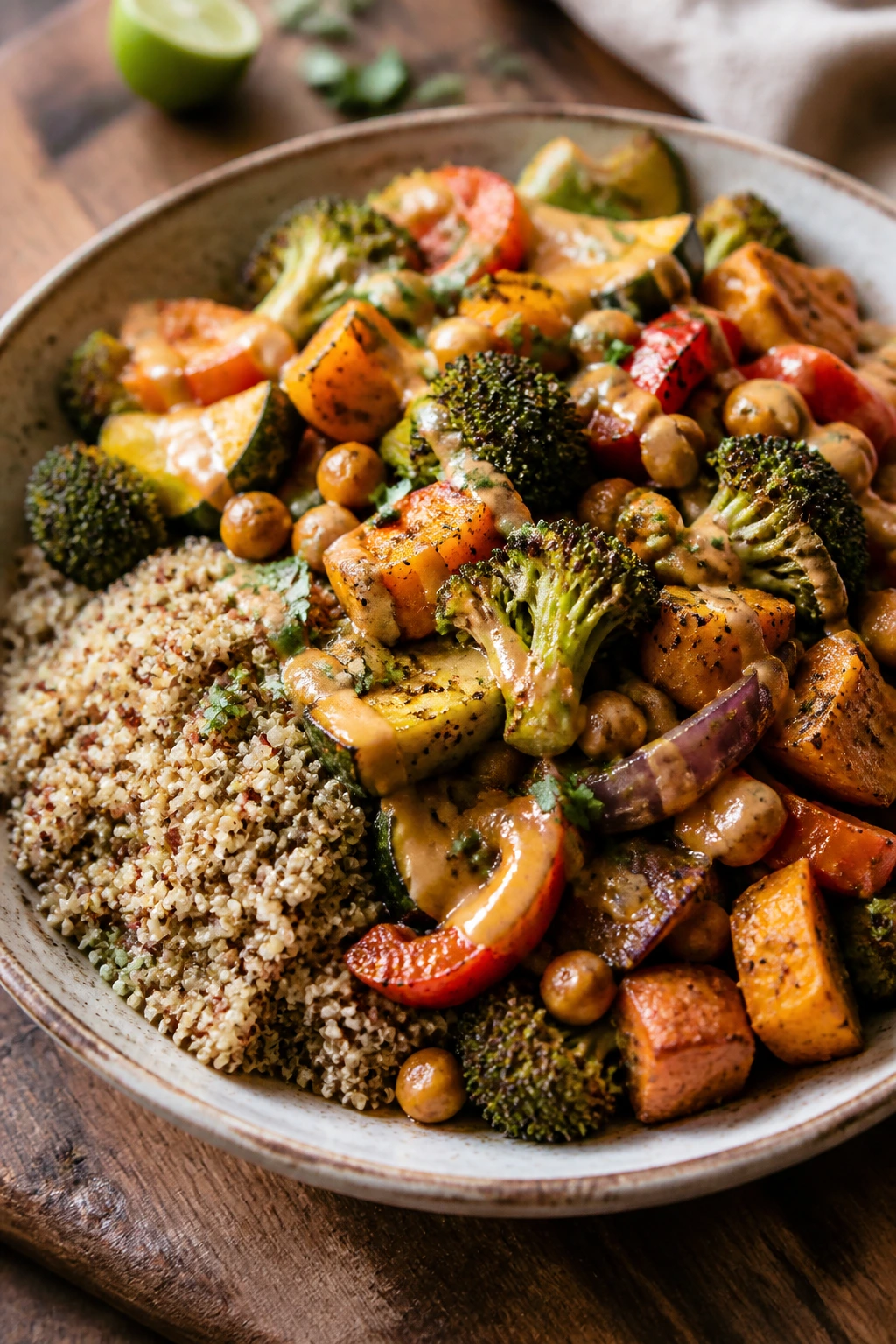 Close-up of a vibrant dairy-free dinner plate in a cozy kitchen