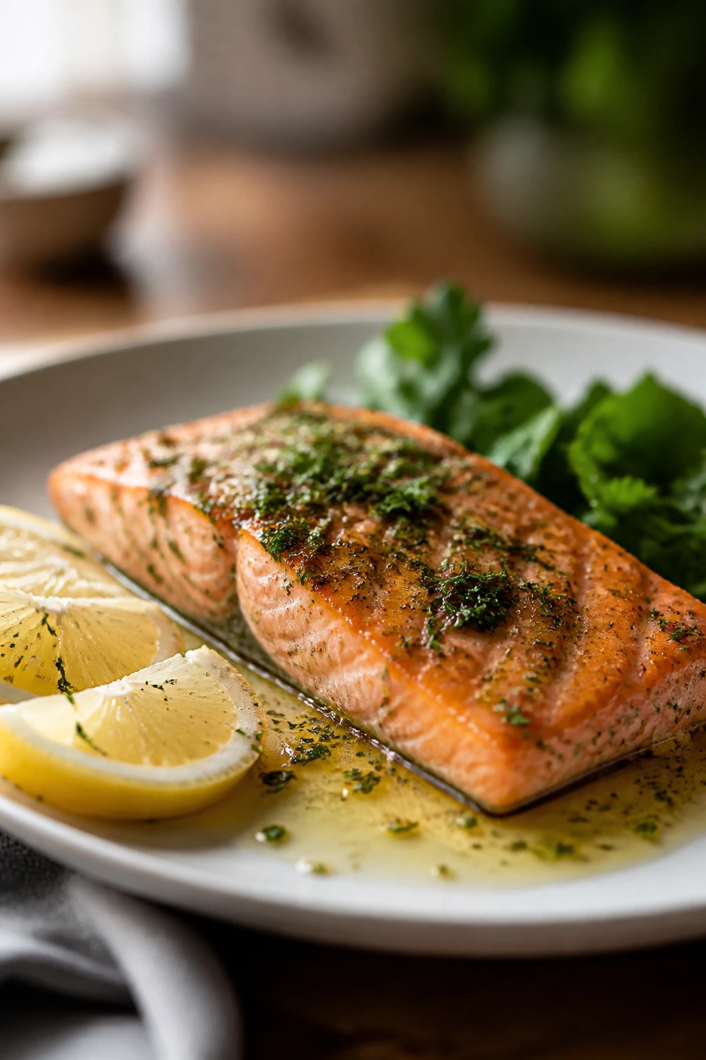 Dairy-free salmon plated with olive oil and lemon in a warm kitchen