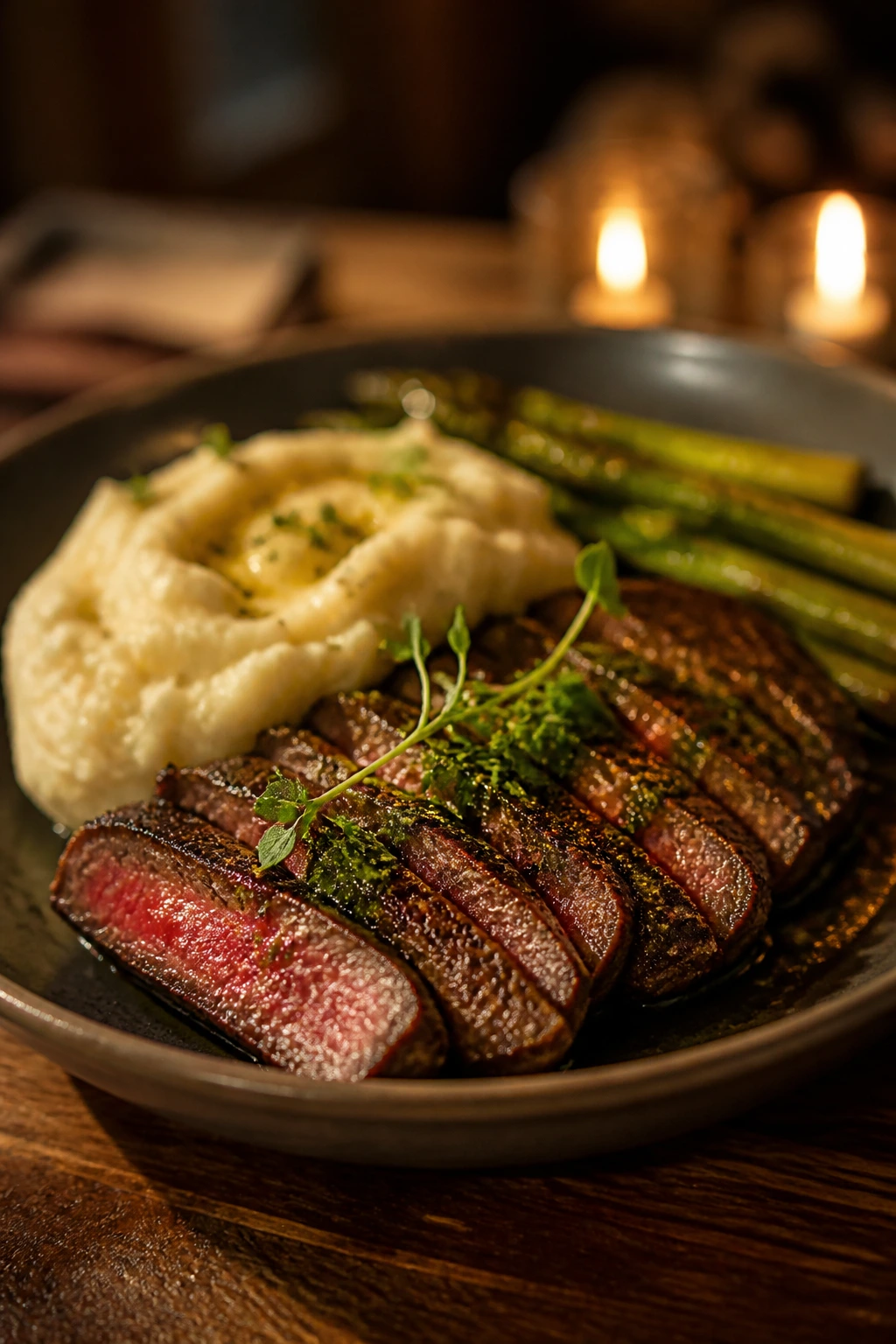 Close-up of a romantic home-dining plate bathed in candlelight, intimate date-night mood