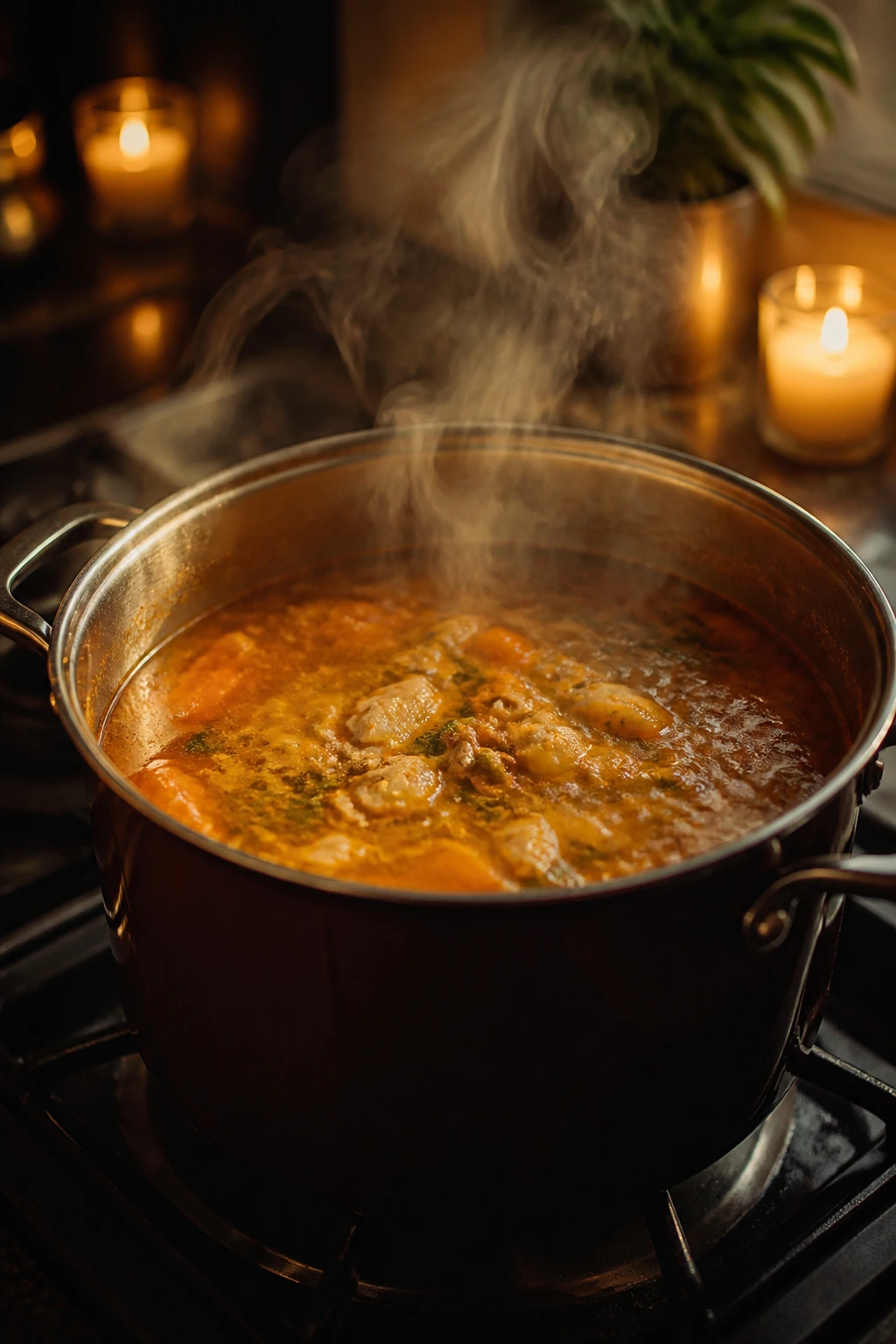 Steaming soup pot in a cozy warm kitchen for date night mood