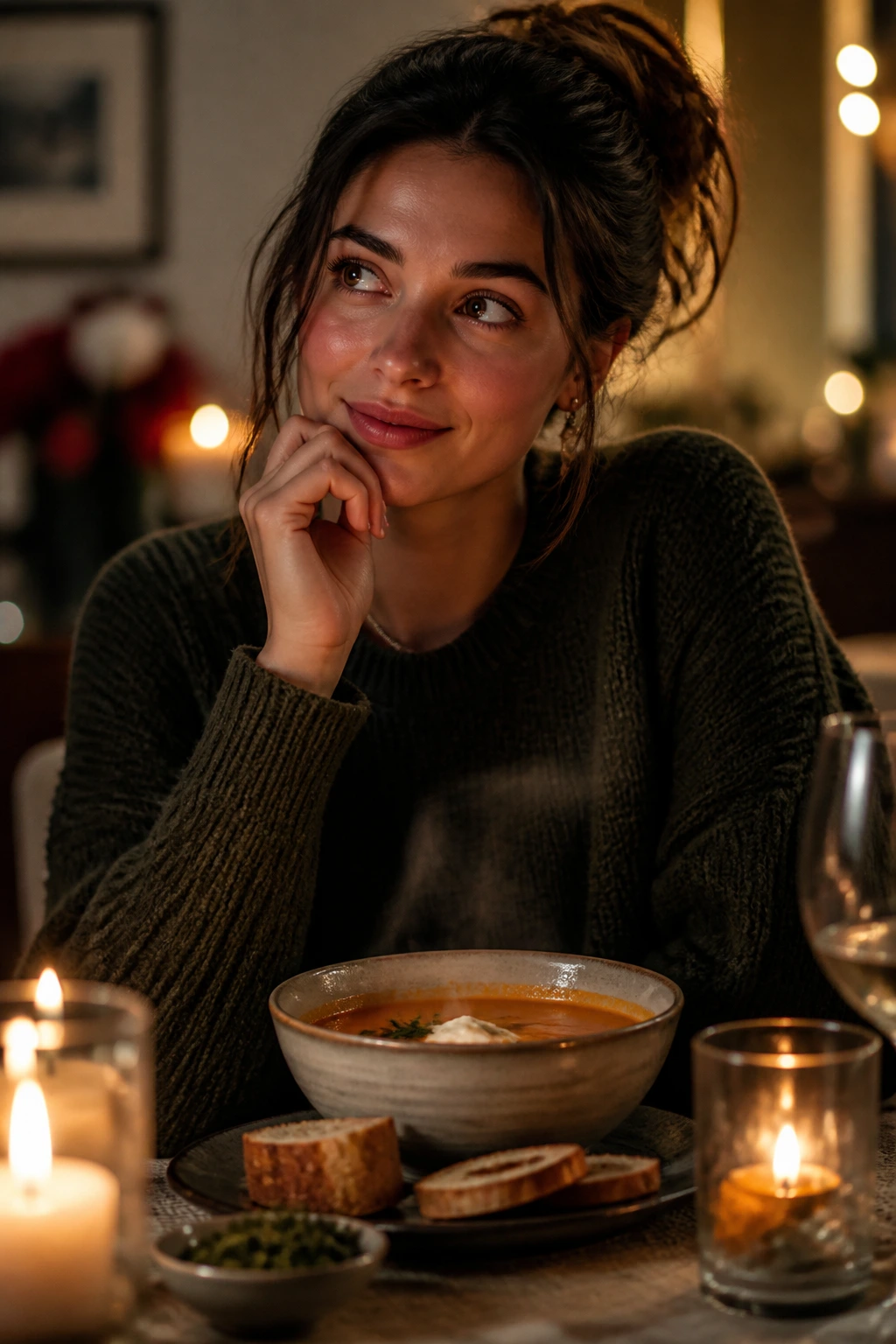 Portrait of a person thinking beside a steaming bowl of soup at a candlelit table