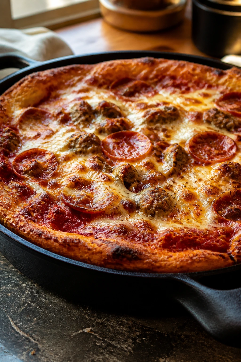 Thick skillet pizza bubbling in a cast-iron pan