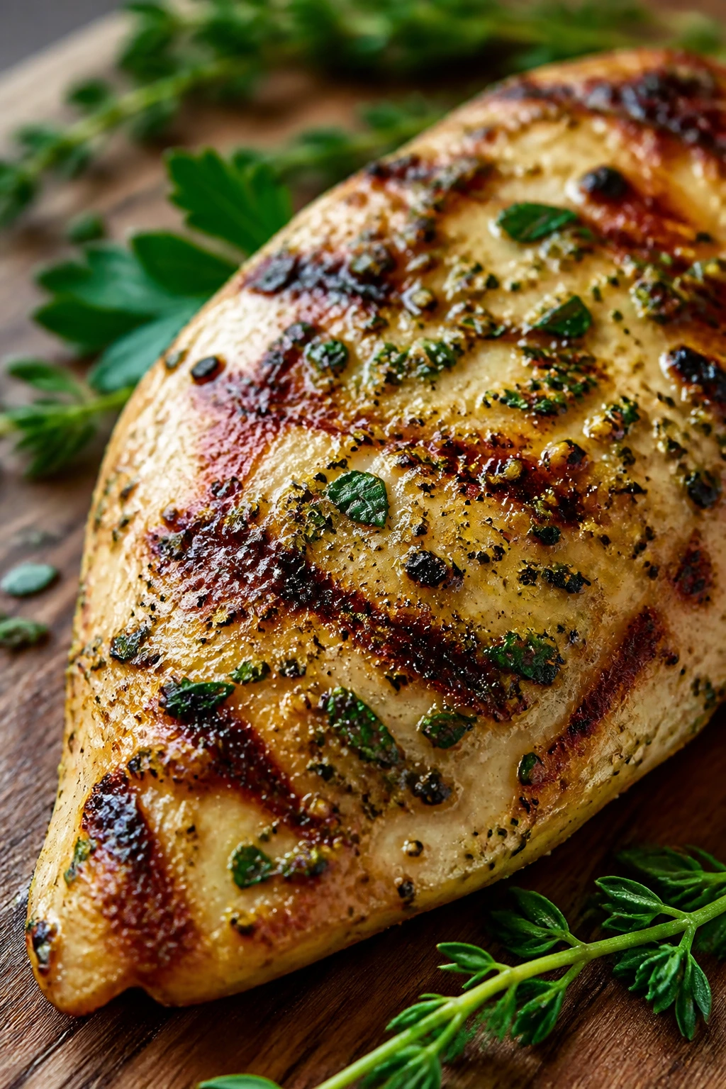 Grilled Dijon herb chicken close-up with mustard crust and herbs