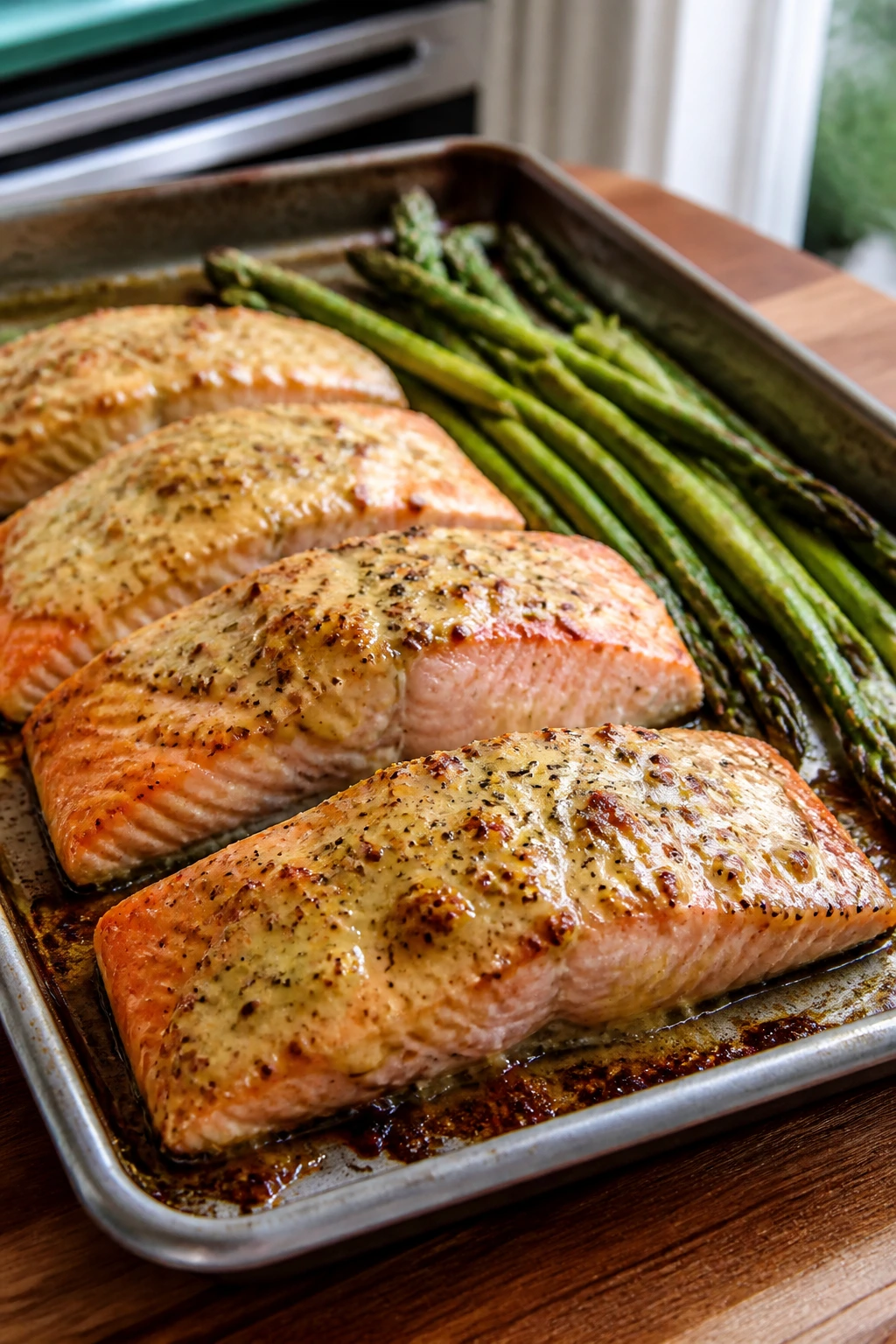 Salmon with Dijon glaze and asparagus on a sheet pan