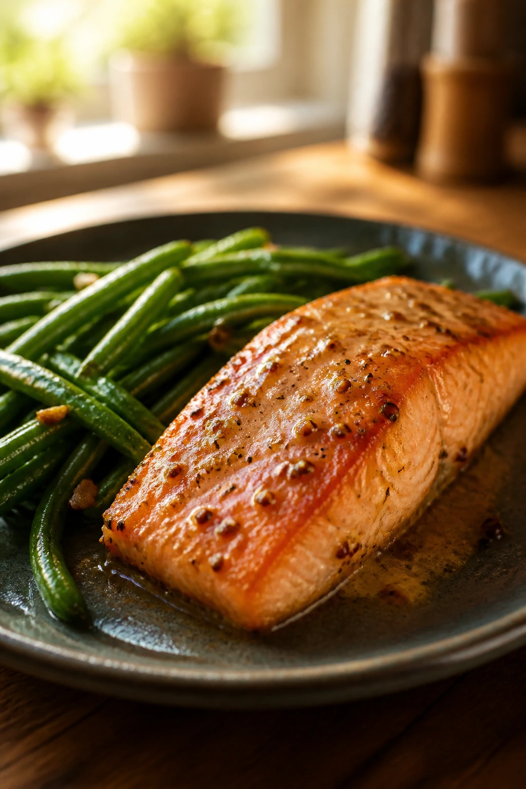 Close-up of Dijon-glazed salmon with green beans on a wooden table.