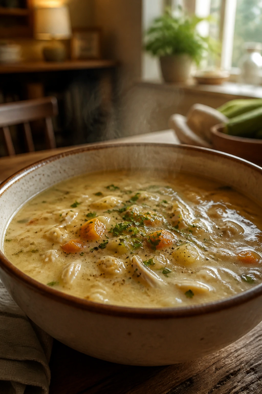 Close-up of a steaming bowl of creamy soup on a wooden table with warm kitchen backdrop