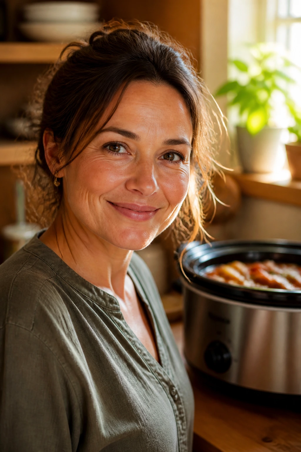 Smiling person in a cozy kitchen with a crockpot, representing a dependable dinner habit.