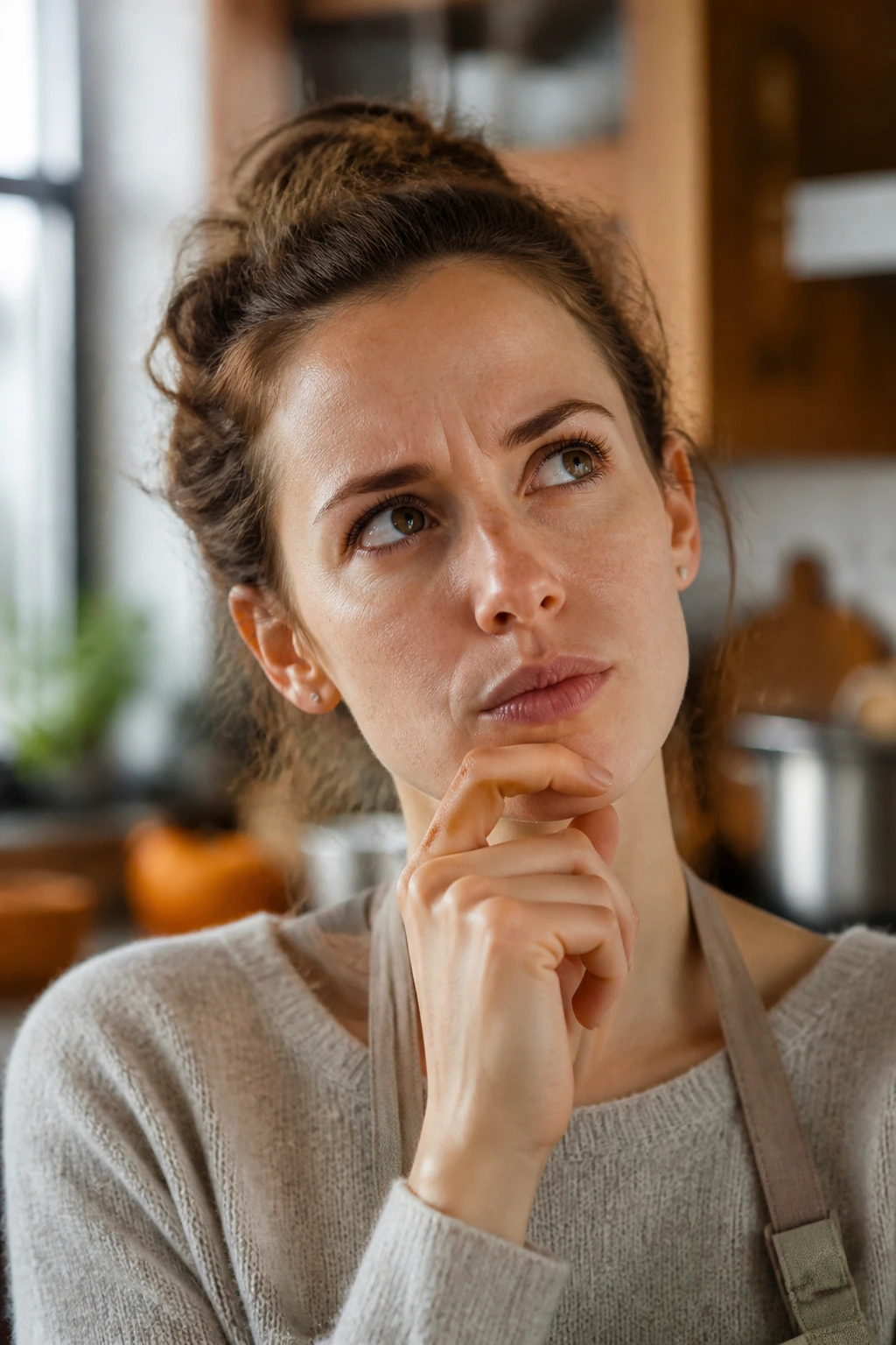 Close-up portrait of a thoughtful home cook in a warm kitchen