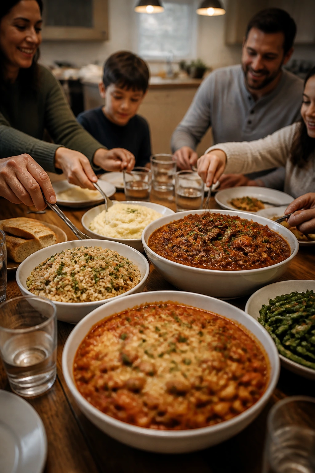 Busy family table with several Instant Pot inspired dishes
