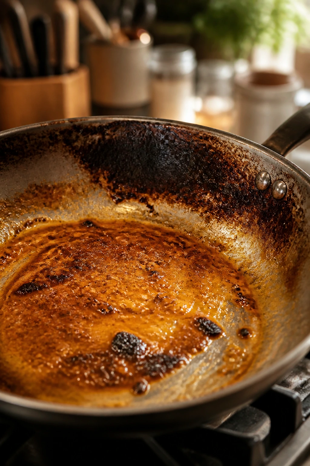 Close-up of an overcooked pan and separated sauce illustrating common dinner mistakes